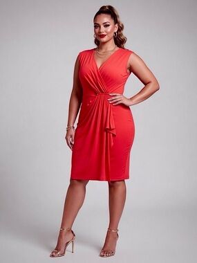 Michael Kors Coral Faux Wrap Ruched Waist Bodycon Dress Womens M Sleeveless